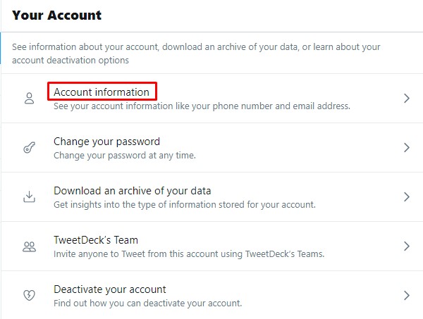 Account Information در منوی تنظیمات توییتر