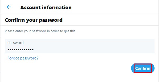 وارد کردن و تایید رمز عبور در تنظیمات توییتر