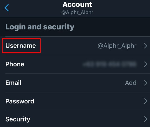 login and security و بخش username در برنامه توییتر